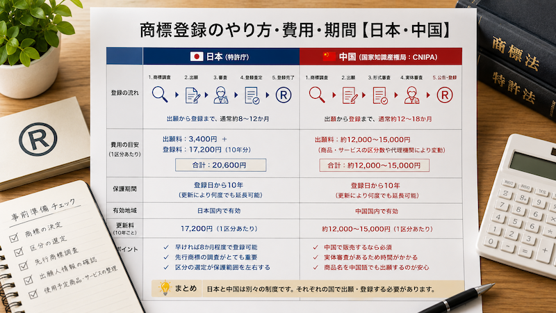 日本と中国の商標登録手続き・費用・期間比較