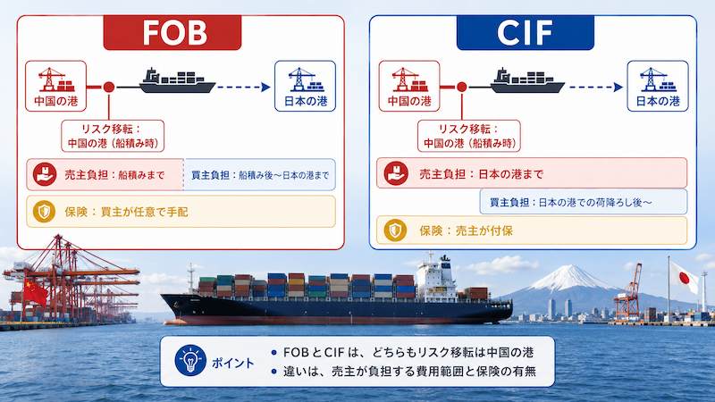 FOBとCIFの費用負担とリスク移転比較