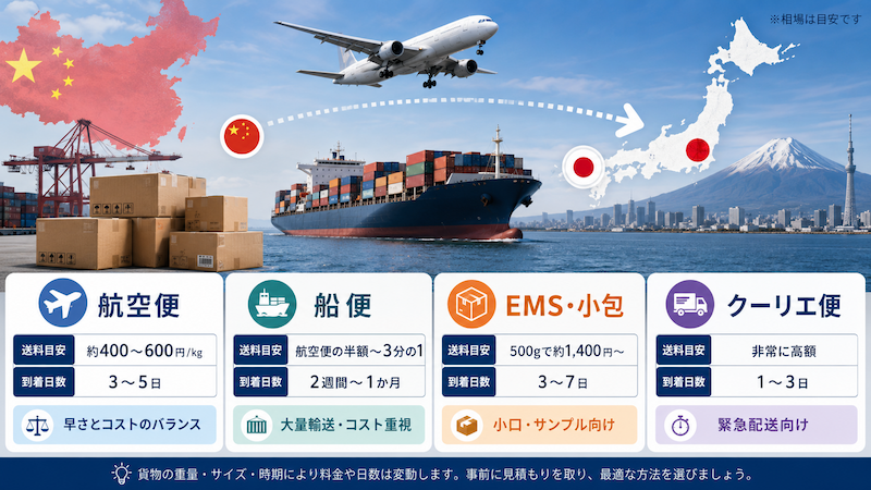 中国から日本への送料と配送日数の比較