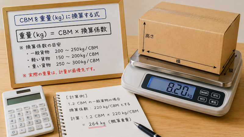 CBMを輸送方法別の重量に換算する例