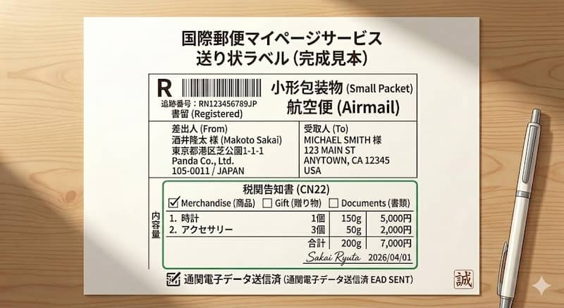 国際郵便マイページで作成した小形包装物用ラベルの見本画像
