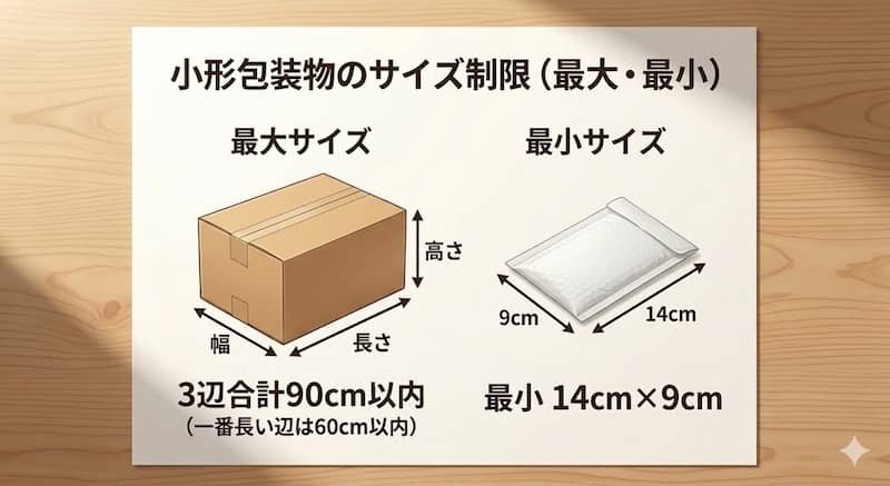 小形包装物の最大サイズと最小サイズの比較図解