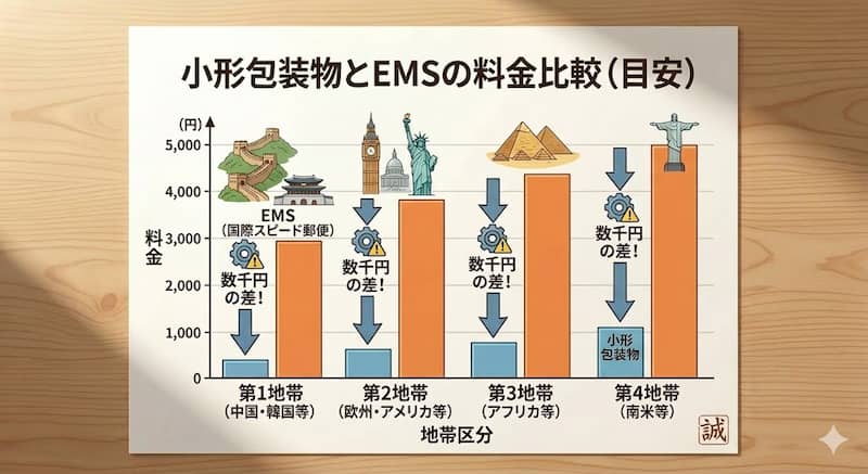 小形包装物とEMSの主要国別料金比較表
