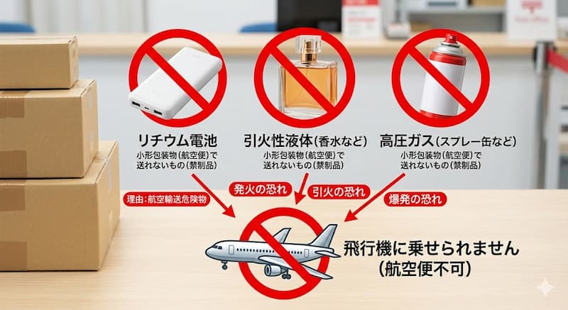小形包装物の航空便で発送できないリチウム電池や液体などの禁制品リスト