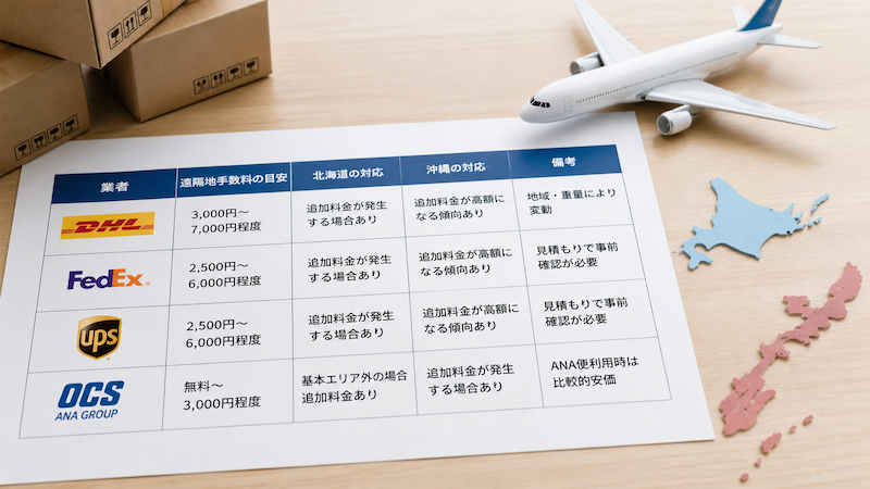 配送業者別の遠隔地手数料と北海道・沖縄の対応比較