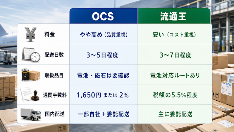 OCSと流通王の料金・配送日数比較