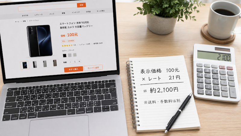 タオバオの元価格を日本円に換算する計算例
