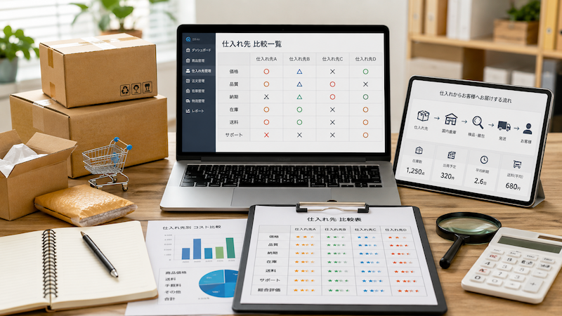 価格や品質で仕入れ先を比較する様子