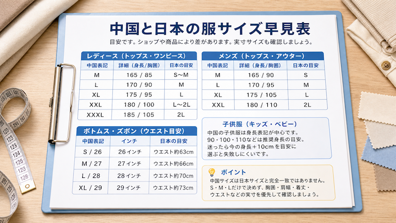 中国と日本の服サイズ変換早見表