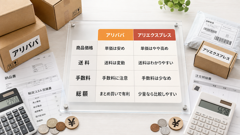 アリババとアリエクの送料・手数料込み総額比較