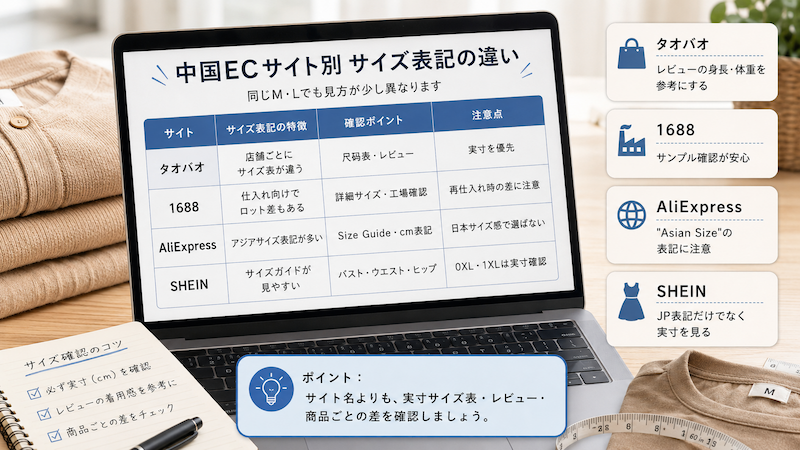 中国ECサイト別の服サイズ表記の違い