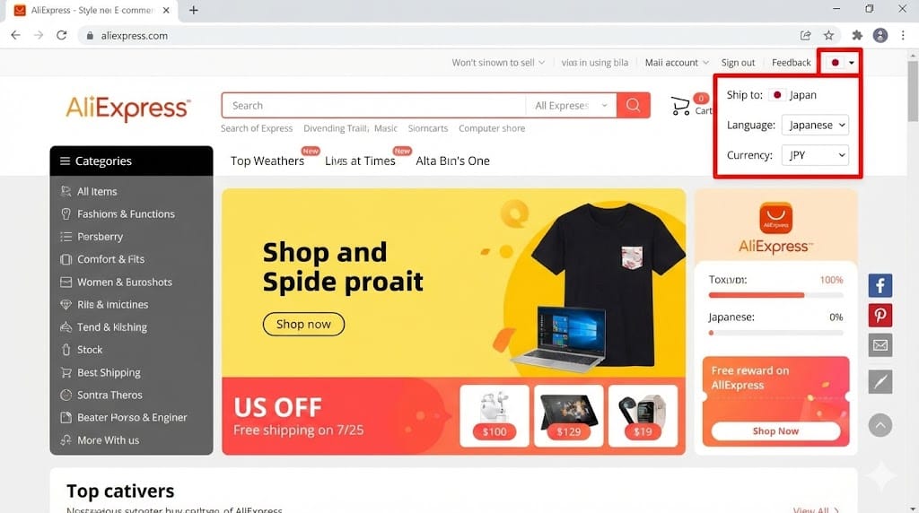AliExpressのPC版で言語と通貨を変更する画面