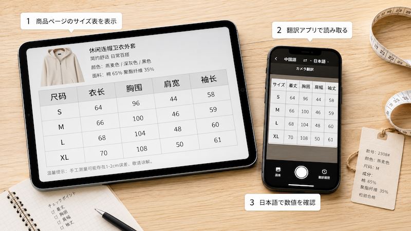 タオバオ服のサイズ表をGoogle翻訳で確認