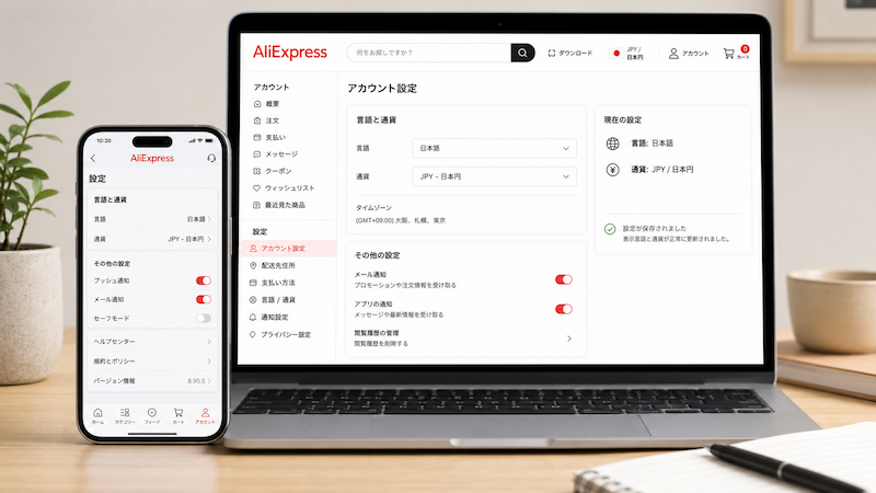 AliExpressを日本語・日本円に設定する画面