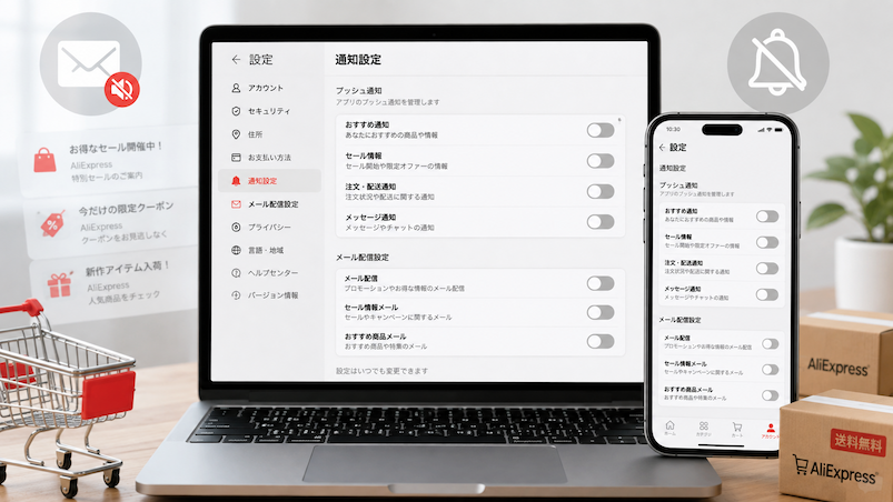 アリエクのメール・通知を停止する方法