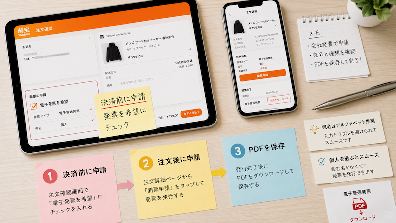 タオバオで発票を申請してPDF保存する流れ