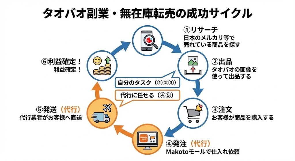 タオバオ副業・無在庫転売の成功サイクルと販売手順の図