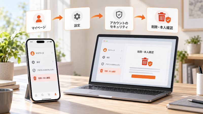 Temuアカウント削除の手順を示すスマホとパソコン