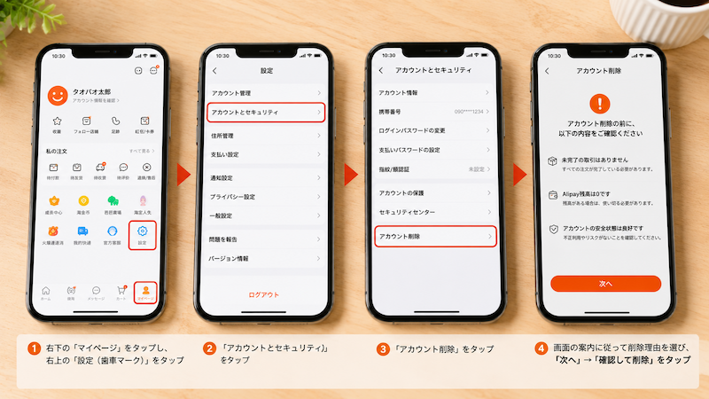 タオバオアプリのアカウント削除手順