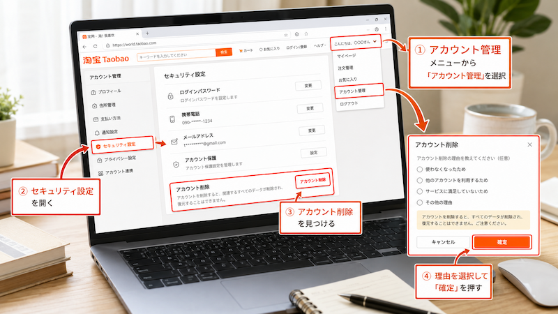 タオバオPC版のアカウント削除手順