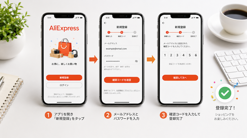 AliExpressアプリのアカウント作成手順