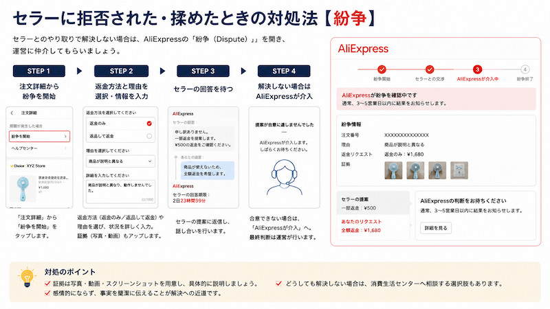 アリエクの紛争・返金申請画面