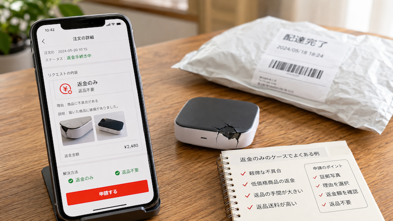 アリエクで返品不要の返金を申請する画面