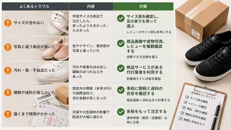 タオバオの靴購入でよくあるトラブルと対策