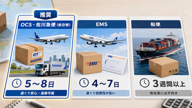 中国輸入の配送方法別日数比較
