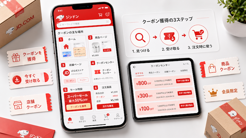 ジンドンクーポンを取得できる画面と受取手順