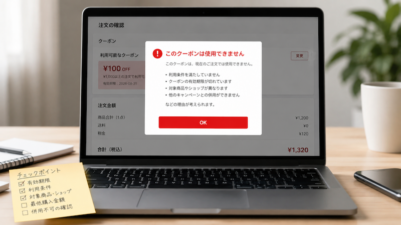 ジンドンクーポンが使えない原因の確認画面
