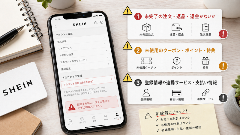 SHEIN退会前に確認する注文・特典・登録情報