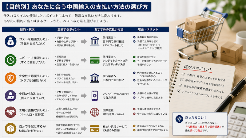 中国輸入の目的別おすすめ支払い方法の比較
