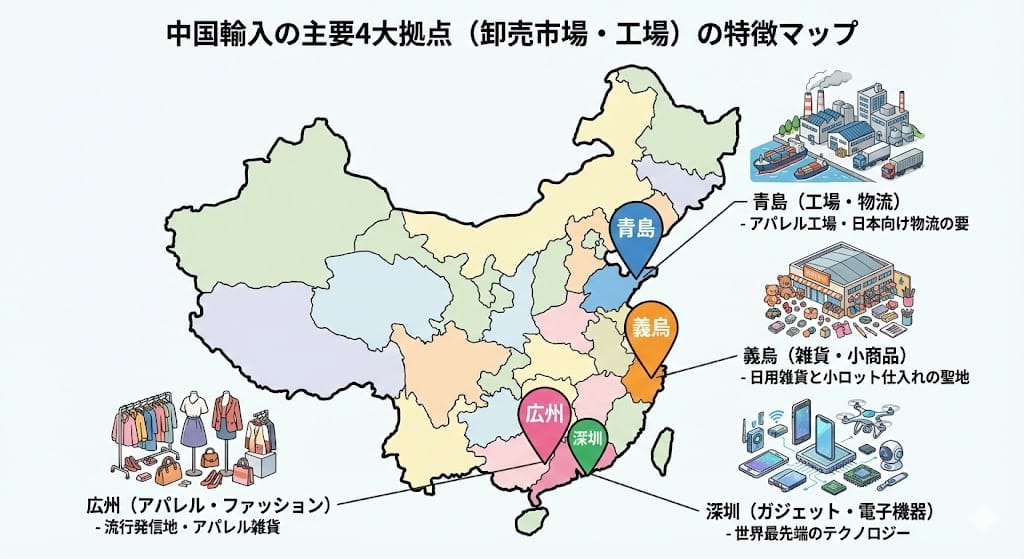 中国輸入の主要4大拠点マップ(義烏・広州・深圳・青島)