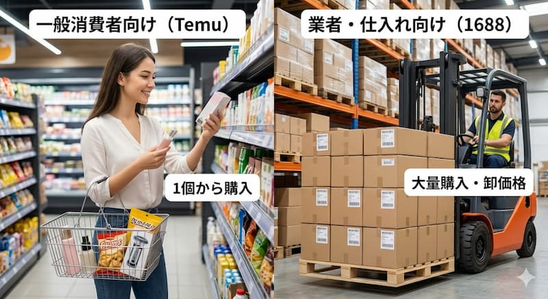 Temu（B2C）と1688（B2B）のターゲット層の違い