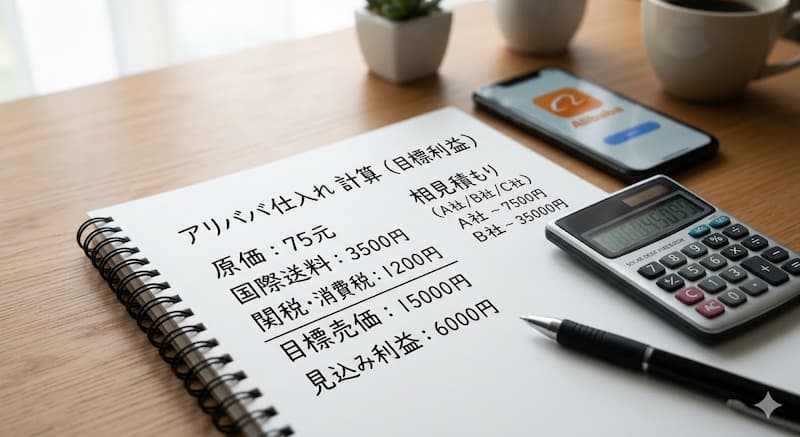 アリババ仕入れの利益計算と相見積もりのイメージ