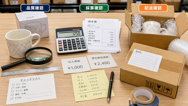 テスト仕入れで品質・採算・配送を確認する様子