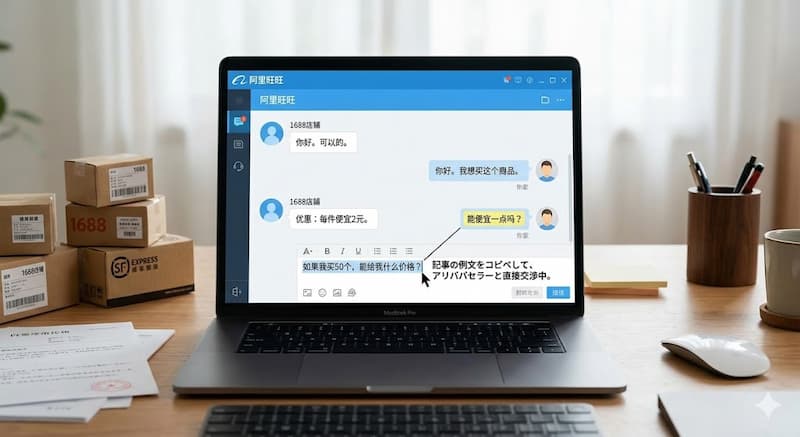 チャット画面に中国語をコピペしているイメージ