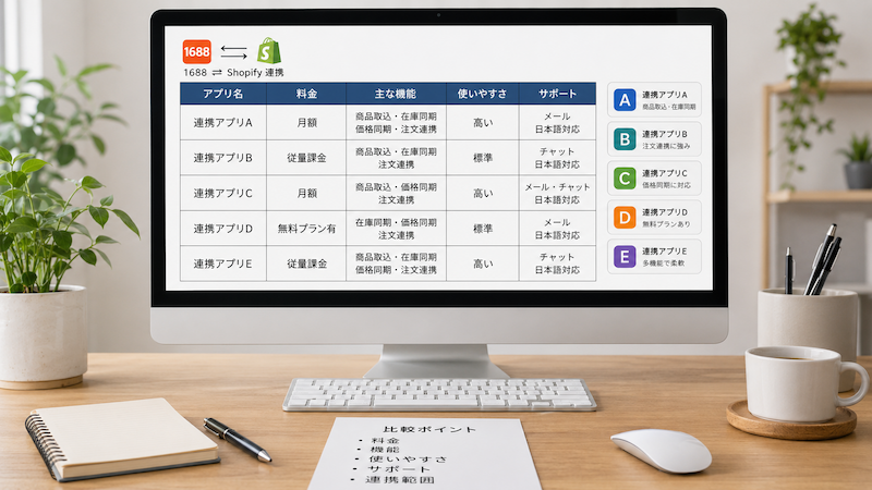 Shopifyと1688の連携アプリ5選の比較表