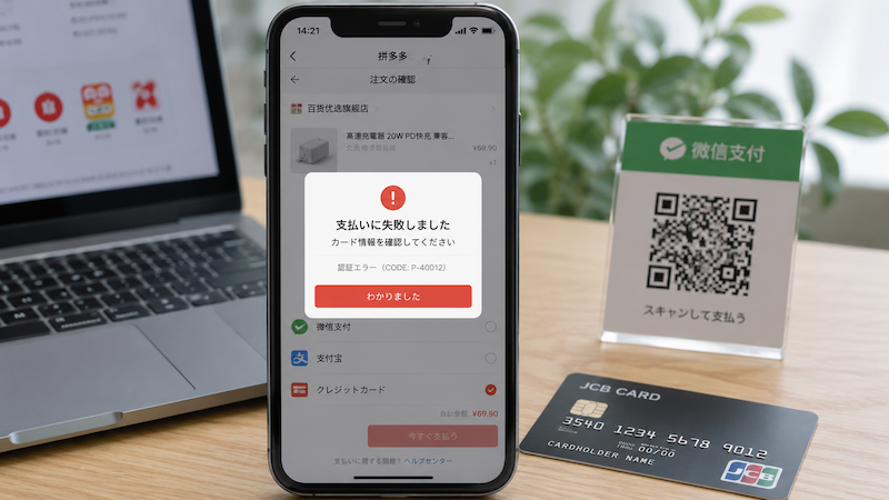 拼多多の支払いエラーを示すスマートフォン画面