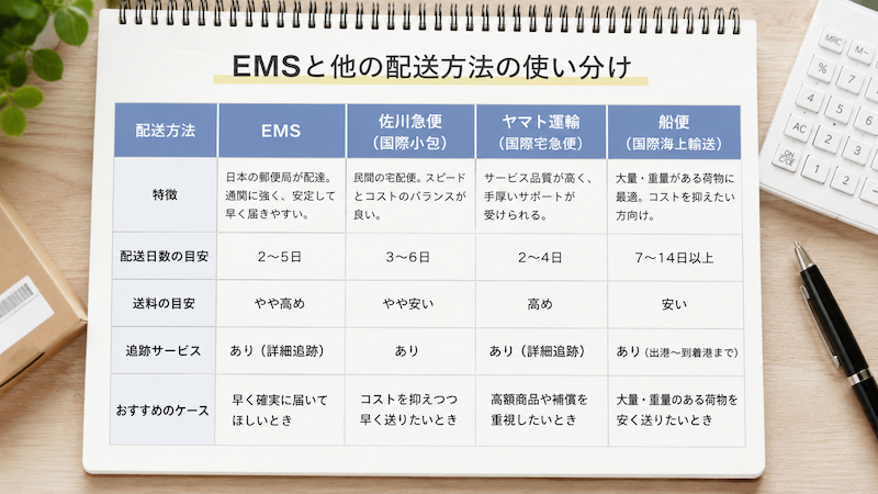 EMS・航空便・船便の配送方法比較