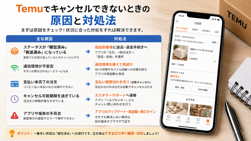 Temuでキャンセルできない原因と対処法