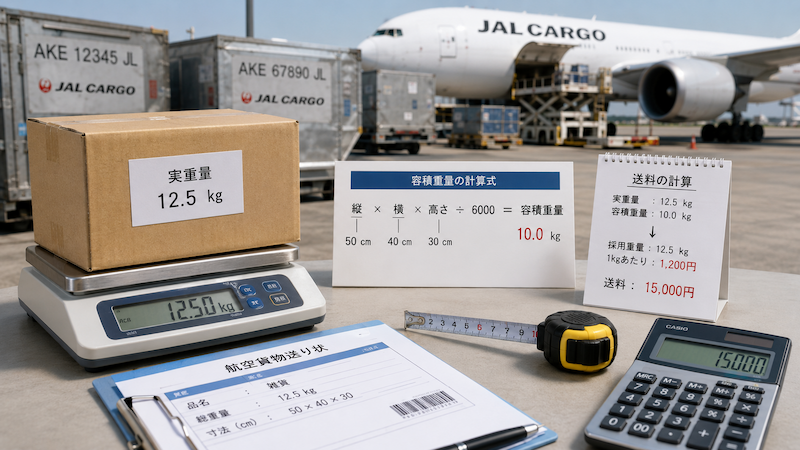 航空便の実重量と容積重量による送料計算