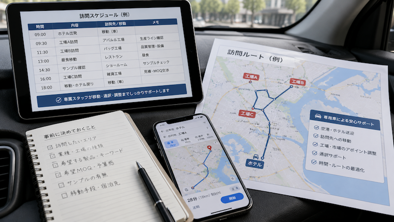 中国工場視察の訪問ルート・移動手配